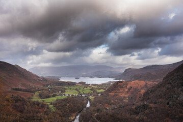 Stunning landscape image of the view from Castle Crag towards Derwentwater, Keswick, Skiddaw, Blencathra and Walla Crag in the Lake District
