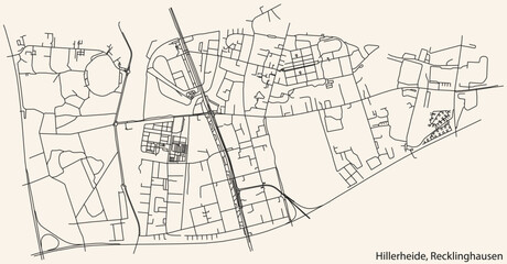 Obraz na płótnie Canvas Detailed navigation black lines urban street roads map of the HILLERHEIDE DISTRICT of the German regional capital city of Recklinghausen, Germany on vintage beige background