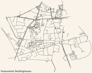 Detailed navigation black lines urban street roads map of the PAULUSVIERTEL DISTRICT of the German regional capital city of Recklinghausen, Germany on vintage beige background