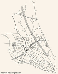 Detailed navigation black lines urban street roads map of the HOCHLAR DISTRICT of the German regional capital city of Recklinghausen, Germany on vintage beige background