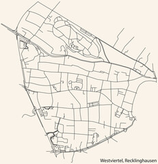 Detailed navigation black lines urban street roads map of the WESTVIERTEL DISTRICT of the German regional capital city of Recklinghausen, Germany on vintage beige background