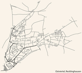Detailed navigation black lines urban street roads map of the OSTVIERTEL DISTRICT of the German regional capital city of Recklinghausen, Germany on vintage beige background