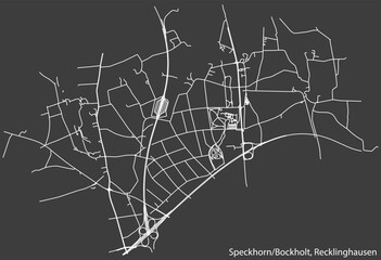 Detailed negative navigation white lines urban street roads map of the SPECKHORN-BOCKHOLT DISTRICT of the German regional capital city of Recklinghausen, Germany on dark gray background
