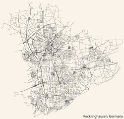 Detailed navigation black lines urban street roads map of the German regional capital city of RECKLINGHAUSEN, GERMANY on vintage beige background