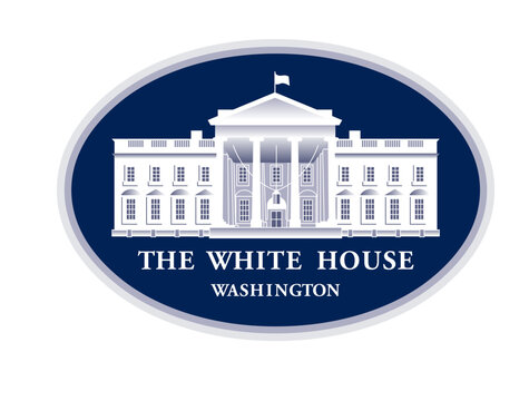 Vector logo of the White House on a blue oval background with a signature. Government Building in Washington