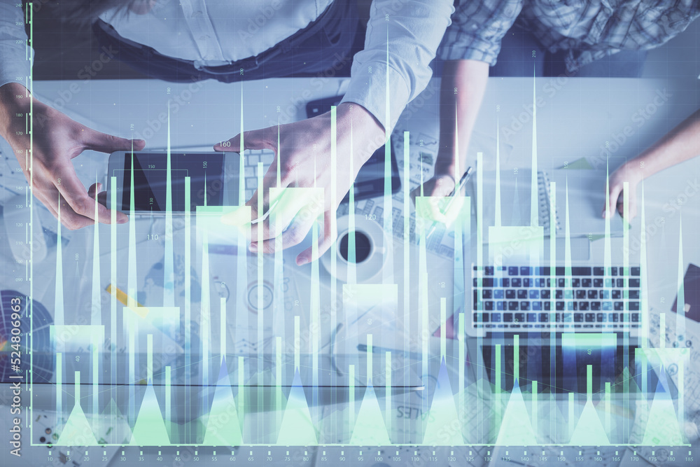 Poster double exposure of man and woman working together and financial chart hologram drawing. market analy