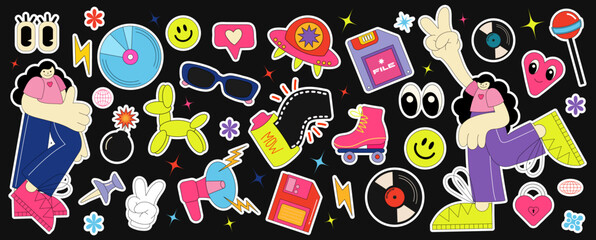 Retro 70s, 80s, 90s hippie stickers, psychedelic acid elements. with emo characters, retro girls. Funky cartoon drinks, vinyl, alien, dvd disc, vintage hippie style vector elements set.