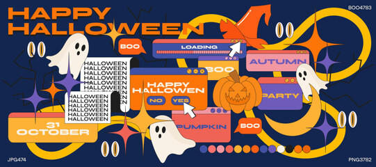 Acid cartoon retro web frame halloween 90s. Memphis, funk, grooves. abstract geometric linear backgrounds in vibrant colors, pumpkin, ghosts.