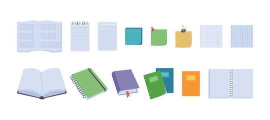 School supplies flat design. Vector set of elements with stationery and school supplies. Back to school. Office and education equipment - book, notebook, paper stickers, notepad and etc.
