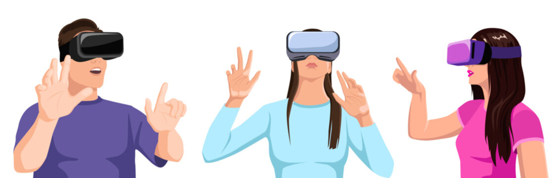 Set of people in virtual reality glasses gaming in 3d meta. Young man, woman, girl have new experience of metaverse education in vr headset. Digital technologies for entertainment. Vector illustration