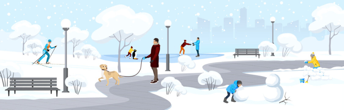 People in cityscape, snowy town park at cold winter season with snowflakes. Skaters couple on frozen lake ice. Man walking on path with dog, kid rolling a snowman, woman skiing. Vector illustration.