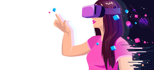 Woman in vr headset playing, gaming in 3d virtual reality space. Girl in pink touch by finger abstract hologram cube. Digital technologies modern graphic design augmented universe. Vector illustration