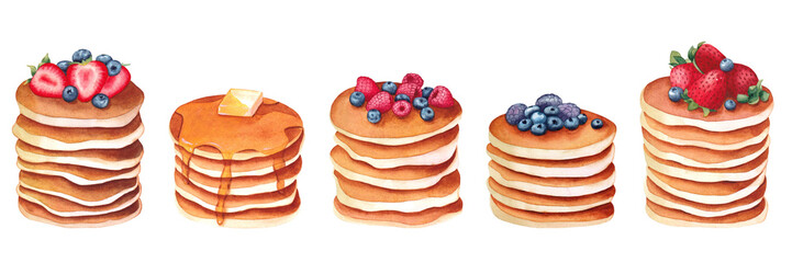 Set of pancakes. Hand drawn watercolor illustration isolated on white background