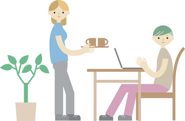 ノートパソコンで仕事をする男性とコーヒーを運ぶ女性のイラスト
