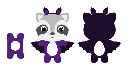 Cute die cut Halloween raccoon chocolate egg holder template. Cartoon animal character in a bat costume. Retail paper box for the easter egg. Printable color scheme. Vector stock illustration