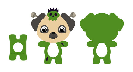 Cute die cut Halloween pug dog chocolate egg holder template. Cartoon animal character in a monster costume. Retail paper box for the easter egg. Printable color scheme. Vector stock illustration