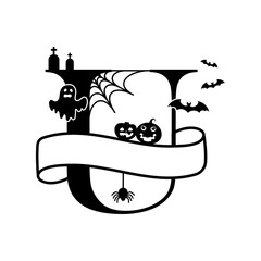 Cute Halloween letter U split monogram. Cartoon ghost, pumpkin, bat for kids t-shirt, nursery decoration, baby shower, greeting card, invitation, scrapbooking, home decor. Vector stock illustration.