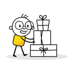 Man pushing big gift boxes. Cartoon Christmas character concept. Isolated vector stock illustration