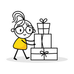 Woman pushing big gift boxes. Cartoon Christmas character concept. Isolated vector stock illustration