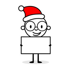 Man stands in Santa hat and white beard holding a blank banner. Cartoon Christmas character concept. Isolated vector stock illustration