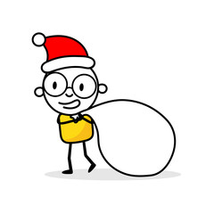 Man carries a big bag in Santa hat and white beard. Cartoon Christmas character concept. Isolated vector stock illustration