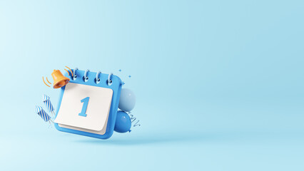 3D calendar 1 January decoration with balloons, fireworks and notification bell. New year 2023 and plan concept. Cartoon icon isolated on blue background. 3D rendering