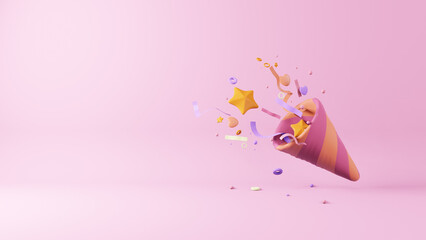 Confetti explosion as birthday surprise. Ribbons, stars and heart shape popping out from party popper isolated on brown background. 3D Rendering
