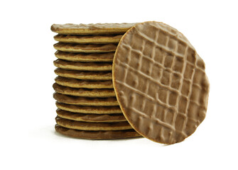 Stack of thin chocolate coated biscuits isolated on white background