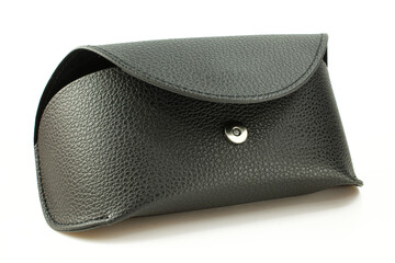 Black leather sunglasses case isolated on white background. Eyeglass container