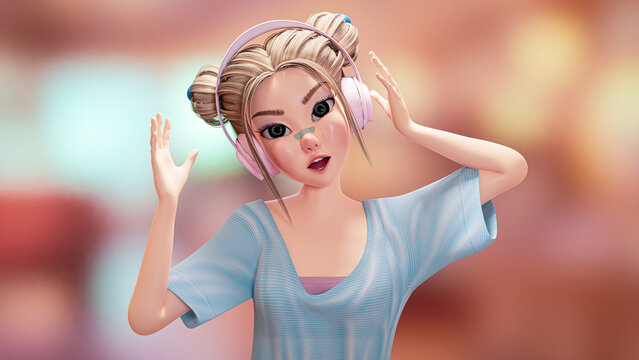 Teenager girl enjoying listening to music with pink headphones. Happy and relaxed expression face. Cartoon character, 3d rendering.