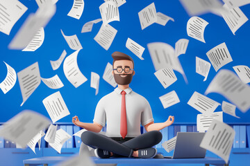 Cartoon bearded character businessman seat on table at blue office lotus pose relaxing meditate with falling papers deadline stress situation.