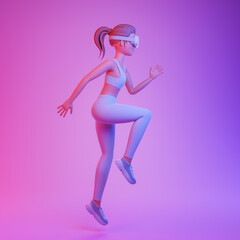 Beautiful cartoon character woman white sportswear doing fitness exercises in virtual reality goggles over pink neon light background.