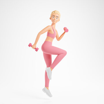 Happy attractive blonde cartoon character woman in pink sportswear jump with dumbbells isolated over white background.