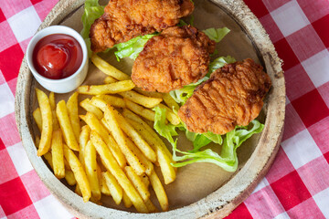 Spicy chicken wings, with fries lettuce and ketchup, on a rustic wooden platter plate.  On a gingham tablecloth