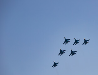 A group of MIG-29 fighters at the celebration of the day of the city of Novorossiysk in 2021 in summer