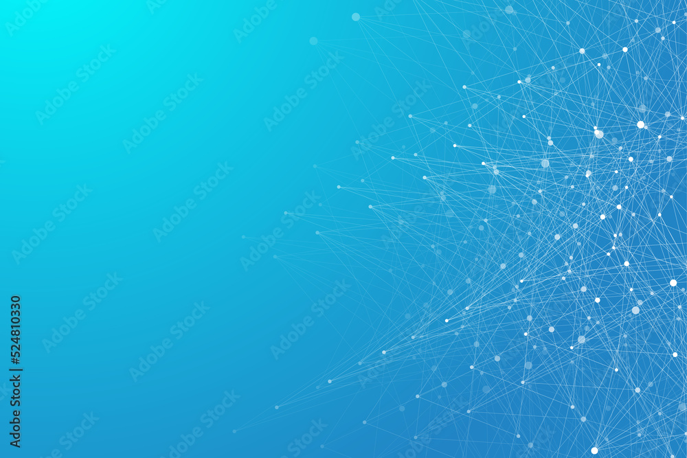 Poster Geometric graphic background molecule and communication. Big data complex with compounds. Lines plexus, minimal array. Digital data visualization. Scientific cybernetic illustration.