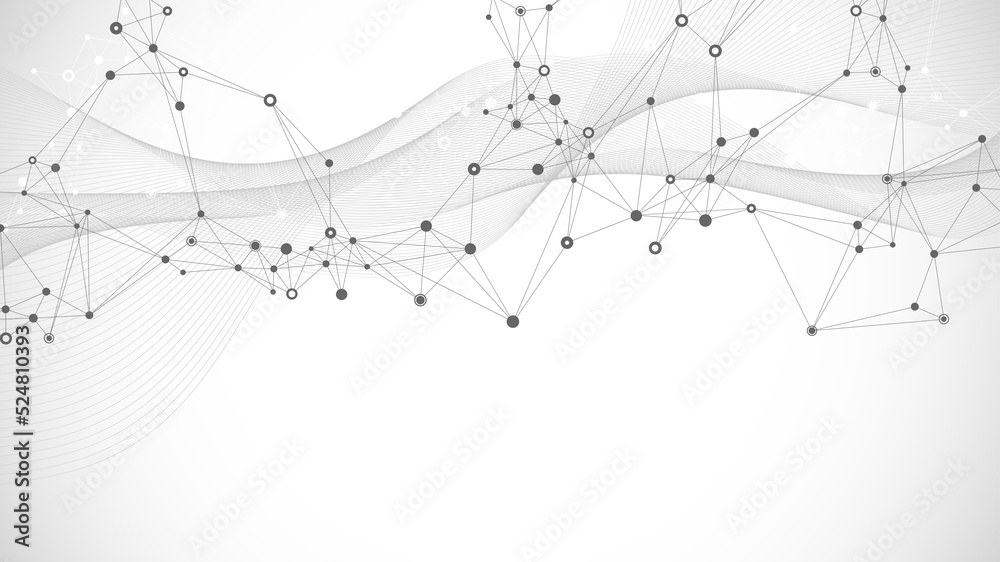 Poster Geometric abstract background with connected lines and dots. Connectivity flow point. Molecule and communication background. Graphic connection background for your design illustration.