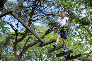 木の上のアスレチックで遊ぶ男子中学生 (12歳)