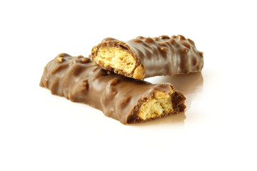 Two chocolate covered pieces of wafer stick isolated on white background