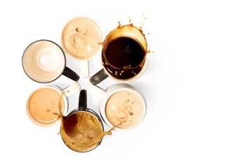 multiple cups of coffee placed in flower shape on white background, morning and wake up concept, space for text or promo