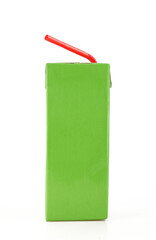 Green carton box with red plastic straw. Rectangular paper juice pack 