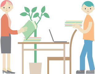 オフィスで仕事の資料を机上に集める男女のイラスト