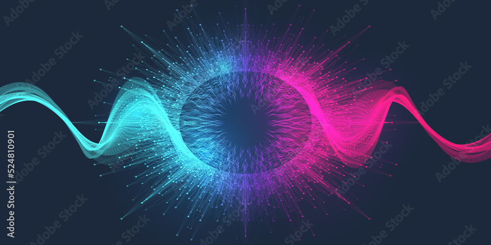 Poster Music wave flow poster design with lines and dots. Sound flyer with abstract gradient line waves. Music abstract background, illustration concept