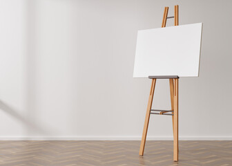 Empty horizontal canvas on wooden easel standing in room. Free, copy space for your picture. Artwork presentation. Canvas mock up. 3D rendering.