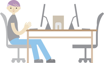 オフィスでパソコン作業をする男性のイラスト
