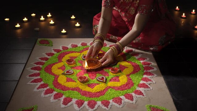 Traditional diya lamps lit during diwali celebration
