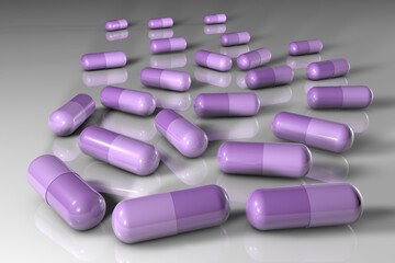 Obraz na płótnie Canvas Medicinal capsule pills on very peri background. Pharmacy drugstore. Antibiotic capsules. Vitamin and mineral complex. Pharmaceutical industry concept. 3d illustration