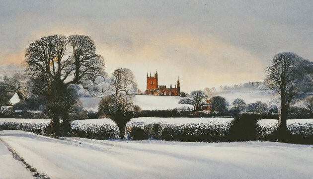 Digital art painting Wonderful Winter in Ledbury town, Herefordshire in England. 3D illustration