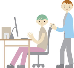 パソコン作業をする男性と指示を出すディレクターのイラスト
