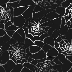 Foto op Canvas Halloween seamless pattern with stretched torn spider web in grunge style. Black background and white cobweb. Grunge paint brush strokes. Seamless vector background. © OA_Creation